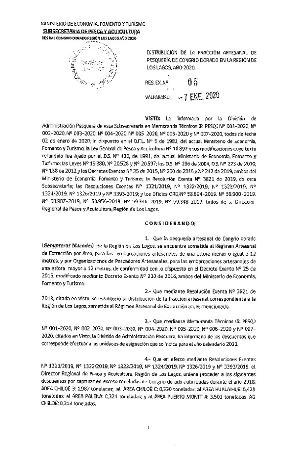 Res. Ex. N° 5-2020 Distribución de la Fracción Artesanal de Congrio Dorado, Regiones de Los lagos, Año 2020. (Publicado en Página Web 08-01-2020)