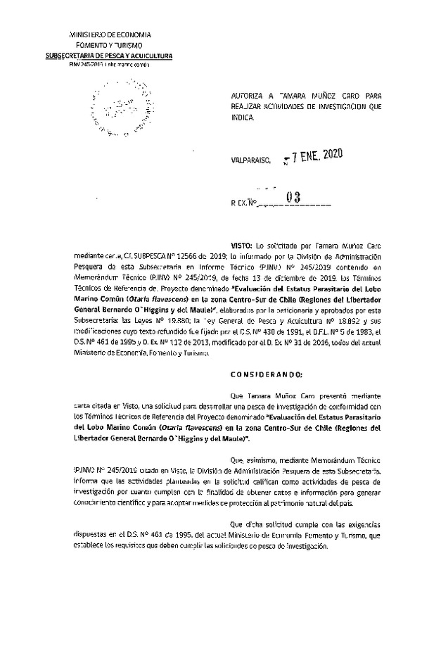 Res. Ex. N° 3-2020 Evaluación del estatus parasitario del Lobo Marino Común.