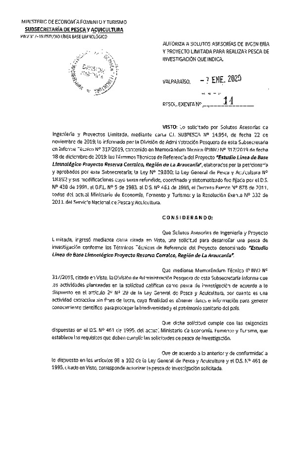 Res. Ex. N° 14-2020 Estudio línea de base limnológico, Región de La Araucanía.