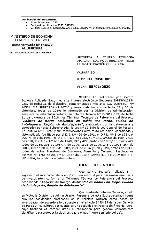 R. EX. Nº E-2020-003 Análisis de riesgo ambiental en Bahía San Jorge, ciudad de Antofagasta, Región de Antofagasta.