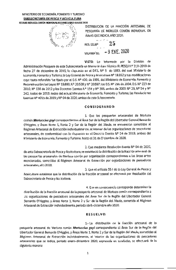 Res. Ex. N° 25-2020 Distribución de la Fracción Artesanal de Pesquería de Merluza común Individual, Regiones del Libertador General Bernardo O’ Higgins y del Maule. (Publicado en Página Web 10-01-2020)