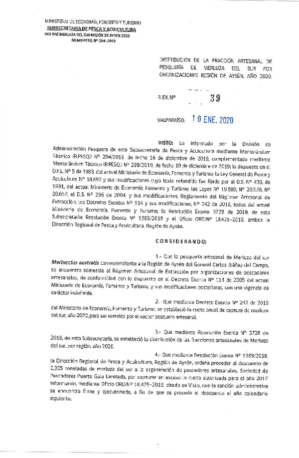 Res. Ex. N° 39-2020 Distribución de la Fracción Artesanal de Pesquería de Merluza del Sur por Organizaciones, Región de Aysén, Año 2020. (Publicado en Página Web 10-01-2020) (F.D.O. 21-01-2020)