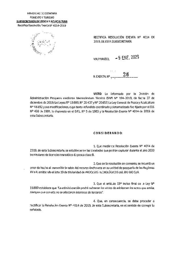 Res. Ex. N° 26-2020 Rectifica Res. Ex. N° 4014-2019 Establece Toneladas para Titulares de LTP clase B Año 2020. (Publicado en Página Web 10-01-2020)