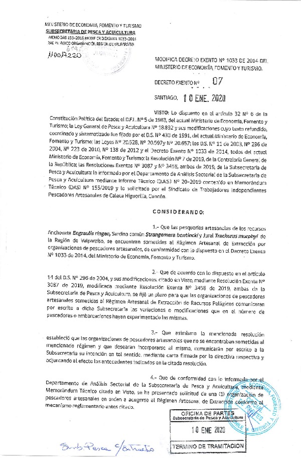 Dec. Ex. N° 7-2020 Modifica Dec. Ex. N° 1033-2014 Que Estableció Régimen Artesanal de Extracción por Organización para la Pesquería Artesanal de Sardina común, Anchoveta y Jurel en la Región de Valparaíso. (Publicado en Página Web 13-01-2020)