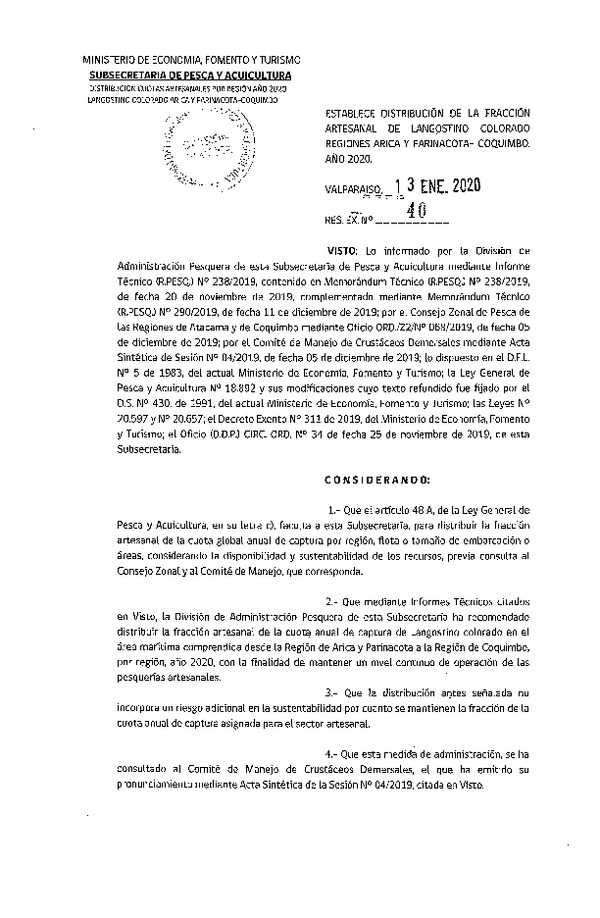 Res. Ex. N° 40-2020 Establece Distribución de la Fracción Artesanal de Langostino Colorado Regiones de Arica y Parinacota-Coquimbo, Año 2020. (Publicado en Página Web 13-01-2020) (F.D.O. 21-01-2020)