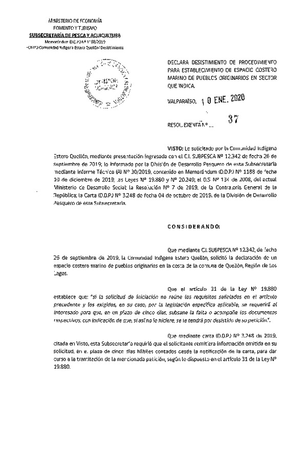 Res. Ex. N° 37-2020 Declara desistimiento de procedimiento para establecimiento de ECMPO que indica. (Publicado en Página Web 13-01-2020)