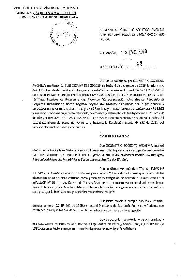 Res. Ex. N° 42-2020 Caracterización limnológica, Región del Biobío.