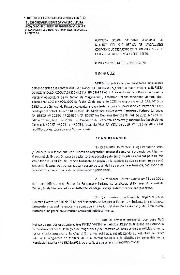Res. Ex. N° 2-2020 (DZP Región de Magallanes) Autoriza cesión Merluza del sur.