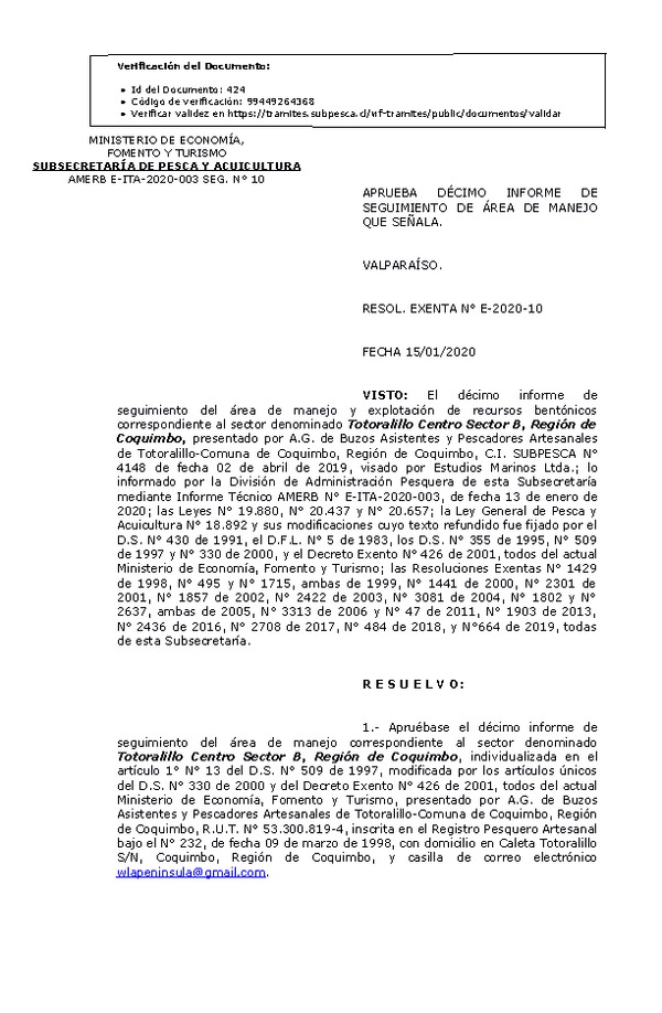 RESOL. EXENTA N° E-2020-10 10° Seguimiento.