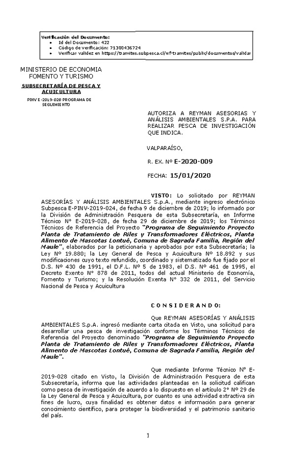 R. EX. Nº E-2020-009 Programa de Seguimiento Proyecto Planta de Tratamiento de Riles y Transformadores Eléctricos, Planta Alimento de Mascotas Lontué, Comuna de Sagrada Familia, Región del Maule.