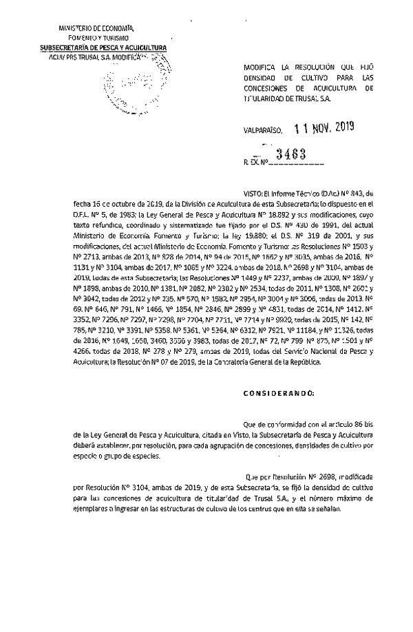 Res. Ex. N° 3463-2019 Modifica Res. Ex. N° 2698-2019 Fija Densidad de Cultivo para la Concesiones de Trusal S.A.