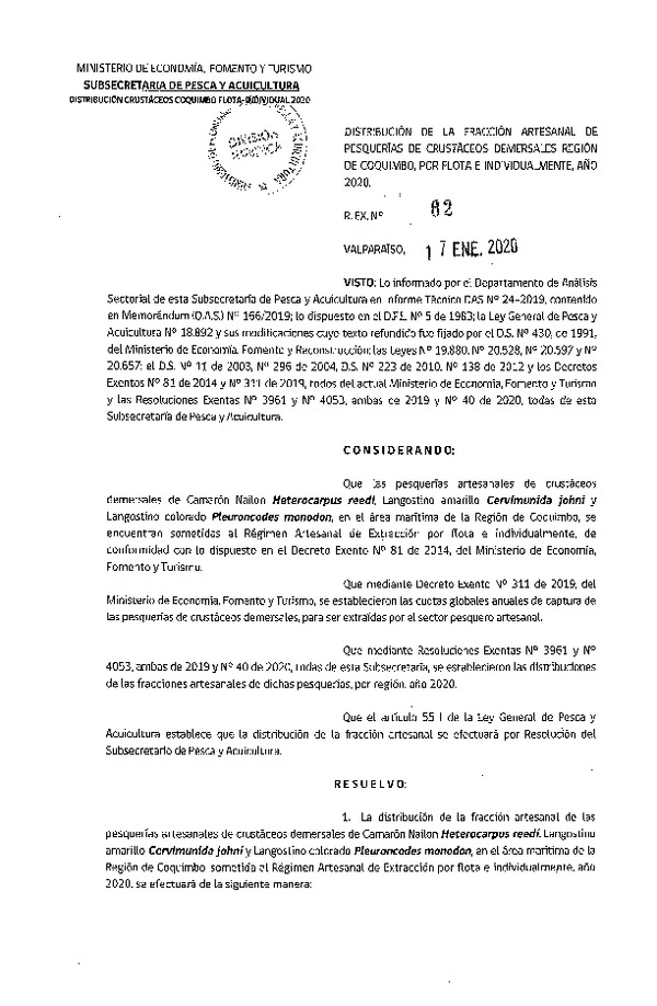 Res. Ex. N° 62-2020 Distribución de la Fracción Artesanal de Pesquerías Crustáceos Demersales, Región de Coquimbo, por Flota e Individualmente, Año 2020. (Publicado en Página Web 17-01-2020) (F.D.O. 25-01-2020)