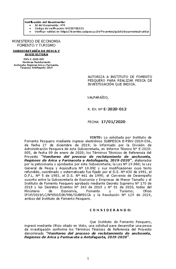 R. EX. Nº E-2020-012 Monitoreo del proceso de reclutamiento de anchoveta, Regiones de Arica y Parinacota a Antofagasta, 2019-2020.