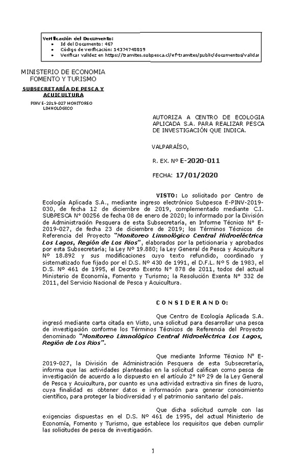 R. EX. Nº E-2020-011 Monitoreo Limnológico Central Hidroeléctrica Los Lagos, Región de Los Ríos.