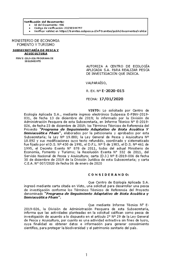 R. EX. Nº E-2020-015 “Programa de Seguimiento Adaptativo de Biota Acuática Y Semiacuática Pham.