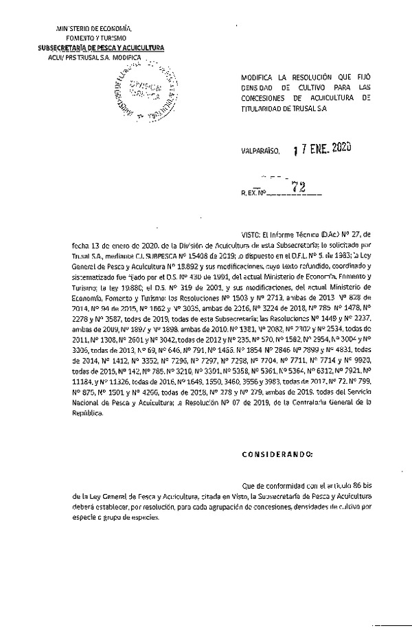 Res. Ex. N° 72-2020 Modifica Res. Ex. N° 785-2019 Fija Densidad de Cultivo para las Concesiones de Acuicultura de Titularidad de Trusal S.A.(Con Informe Técnico) (Publicado en Página Web 20-01-2020)