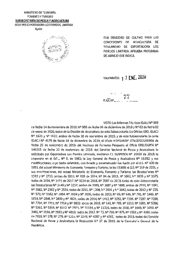 Res. Ex. N° 77-2020 Fija Densidad de Cultivo para las Concesiones de Acuicultura de Titularidad Los Fiordos Limitada. (Con Informe Técnico) (Publicado en Página Web 20-01-2020)