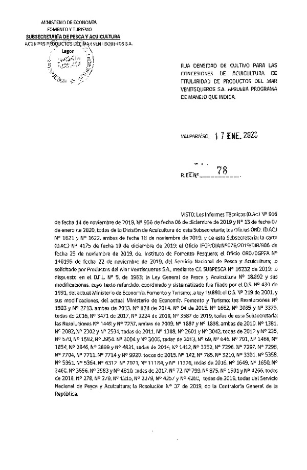 Res. Ex. N° 78-2020 Fija Densidad de Cultivo para las Concesiones de Acuicultura de Titularidad Productos del Mar Ventisquero S.A. (Con Informe Técnico) (Publicado en Página Web 20-01-2020)