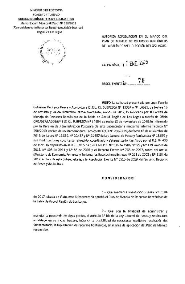 Res. Ex. N° 79-2020 Autoriza Repoblamiento en el Marco del Plan de Manejo de Recursos Bentónicos de la Bahía de Ancud, Región de Los Lagos. (Publicado en Página Web 20-01-2020)