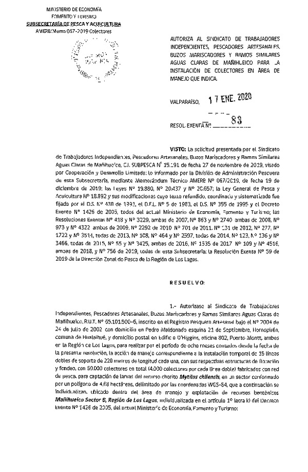 Res. Ex. N° 83-2020 Instalación de Colectores.