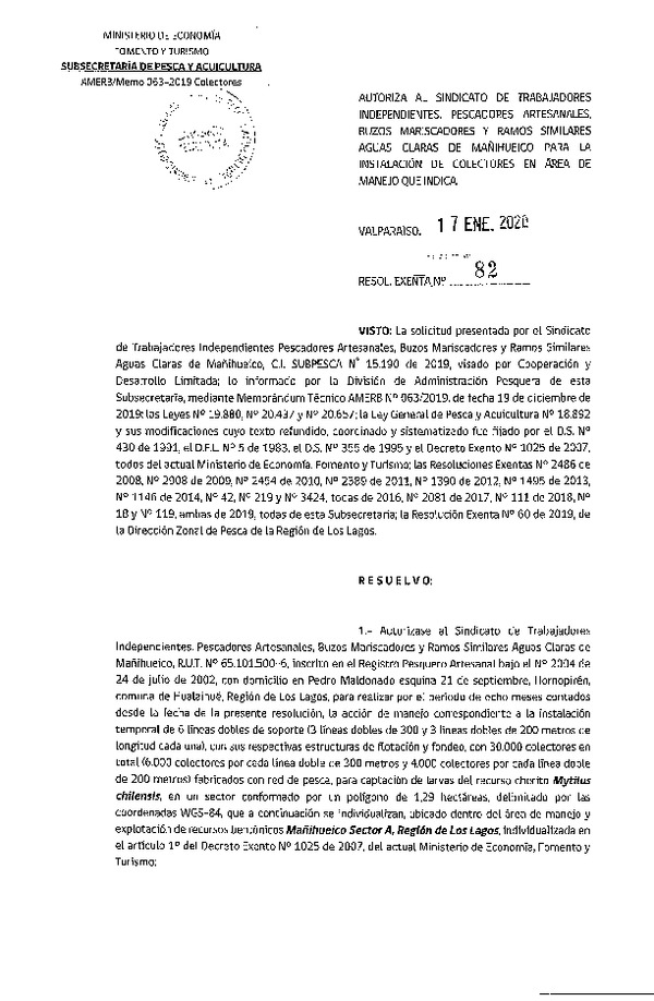 Res. Ex. N° 82-2020 Instalación de Colectores.