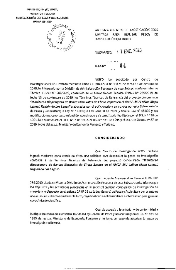 Res. Ex. N° 64-2020 Monitoreo biopesquero bancos naturales de Choro zapato, Región de Los Lagos.