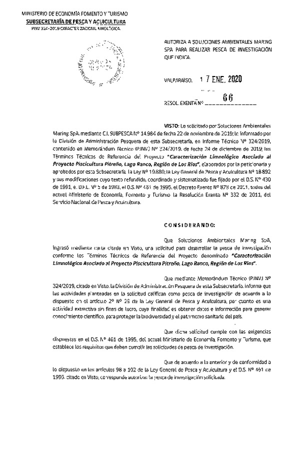 Res. Ex. N° 66-2020 Caracterización limnológico, Región de Los Ríos.
