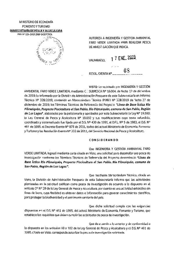 Res. Ex. N° 68-2020 Línea de base íctica, Región de Los lagos.