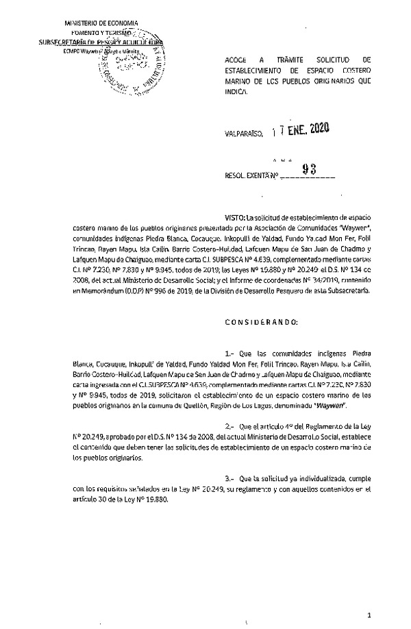 Res. Ex. N° 93-2020 Acoge a trámite solicitud de establecimiento de ECMPO Waywen.