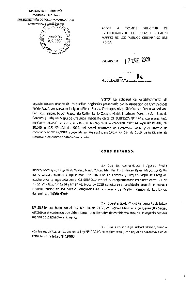 Res. Ex. N° 94-2020 Acoge a trámite solicitud de establecimiento de ECMPO Wafo Wapi.