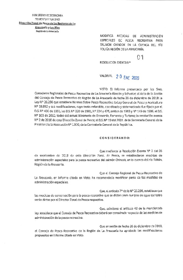 Res. Ex. N° 01-2020 Modifica Res. Ex. N° 02-2018 Establece Medidas de Administración Especiales de Pesca Recreativa para Salmón Chinook en la Cuenca del Tío Toltén, Región de La Araucanía. (Publicado en Página Web 20-01-2020)