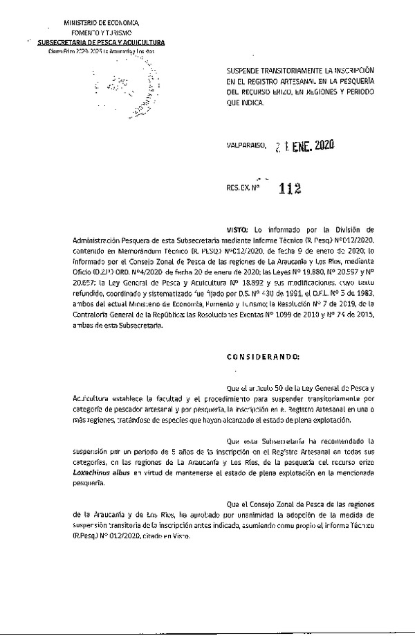 Res. Ex Nº 112-2020 Suspende Transitoriamente la Inscripción en el Registro Artesanal en la Pesquería del Recurso Erizo, Regiones de La Araucanía y Los Ríos. (Publicado en Página Web 21-01-2020) (F.D.O. 28-01-2020)