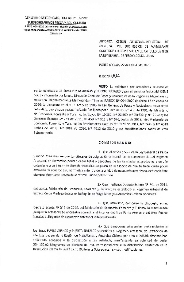 Res. Ex. N° 4-2020 (DZP Región de Magallanes) Autoriza cesión Merluza del sur.