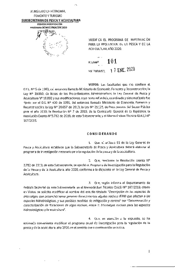 Res. Ex. N° 101-2020 Modifica Res. Ex. N° 3782-2019 Aprueba Programa de Investigación para la Regulación de la Pesca y de la Acuicultura, Año 2020. (Publicado en Página Web 22-01-2020)