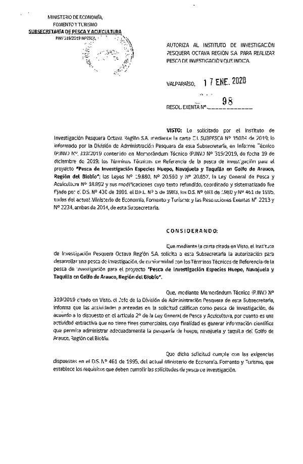 Res. Ex. N° 98-2020 Pesca de investigación especies Huepo, Navajuela y Talquilla.