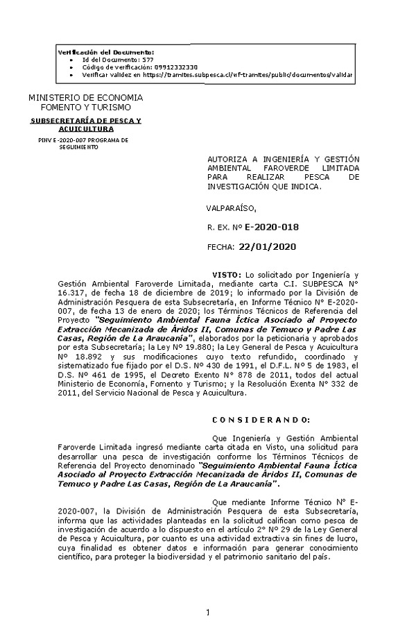 R. EX. Nº E-2020-018 Seguimiento Ambiental Fauna Íctica Asociado al Proyecto Extracción Mecanizada de Áridos II, Comunas de Temuco y Padre Las Casas, Región de La Araucanía.