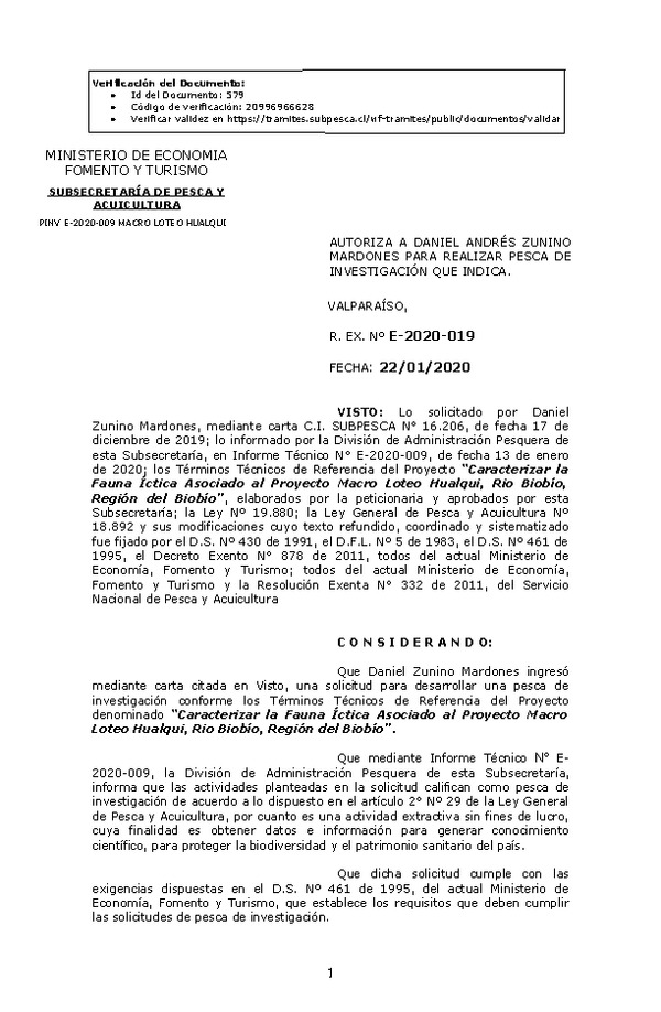 R. EX. Nº E-2020-019 Caracterizar la Fauna Íctica Asociado al Proyecto Macro Loteo Hualqui, Rio Biobío, Región del Biobío.