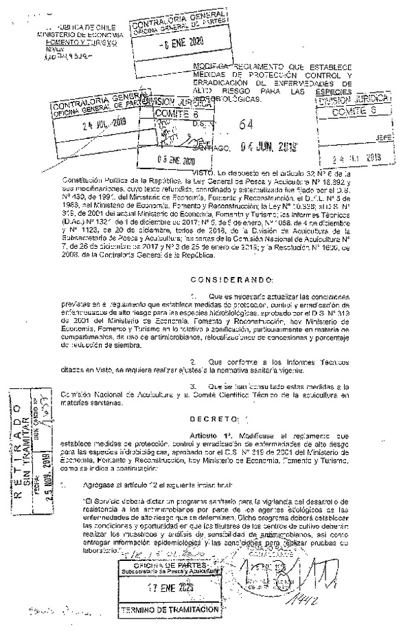 D.S. N° 64-2019 Modifica. D.S. N° 319-2001 Reglamento de Medidas de Protección, Control y Erradicación de Enfermedades de Alto Riesgo para las Especies Hidrobiológicas. (F.D.O. 23-01-2020)