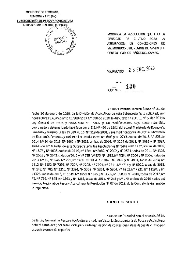 Res. Ex. N° 130-2020 Modifica Res. Ex. N° 3089-2019 Fija Densidad de Cultivo para la Agrupación de Concesiones de Salmónidos 31B, Región de Aysén del General Carlos Ibañez del Campo. (Con Informe Técnico) (Publicado en Página Web 23-01-2020) (F.D.O. 03-02-2020)