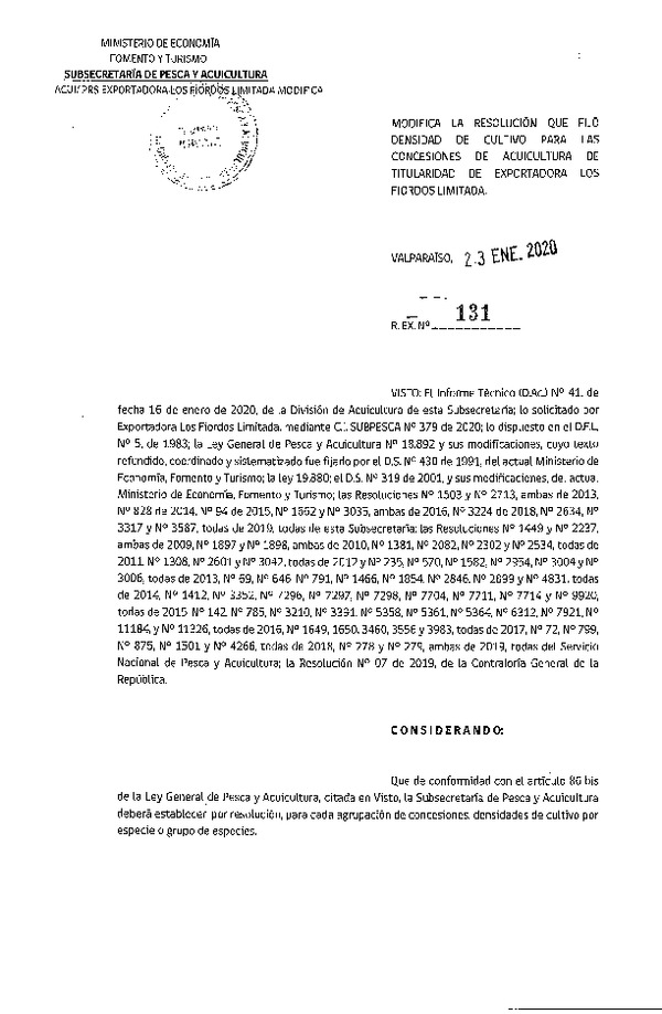 Res. Ex. N° 131-2020 Modifica	Res. Ex. N° 2634-2019 que Fijó Densidad de Cultivo para la Agrupación de Concesiones de Los Fiordos Limitada, Región de Aysén. (Con Informe Técnico) (Publicado en Página Web 23-01-2020)