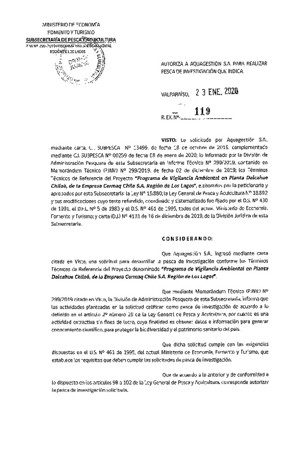 Res. Ex. N° 119-2020 Programa de vigilancia ambiental, Región de Los Lagos.