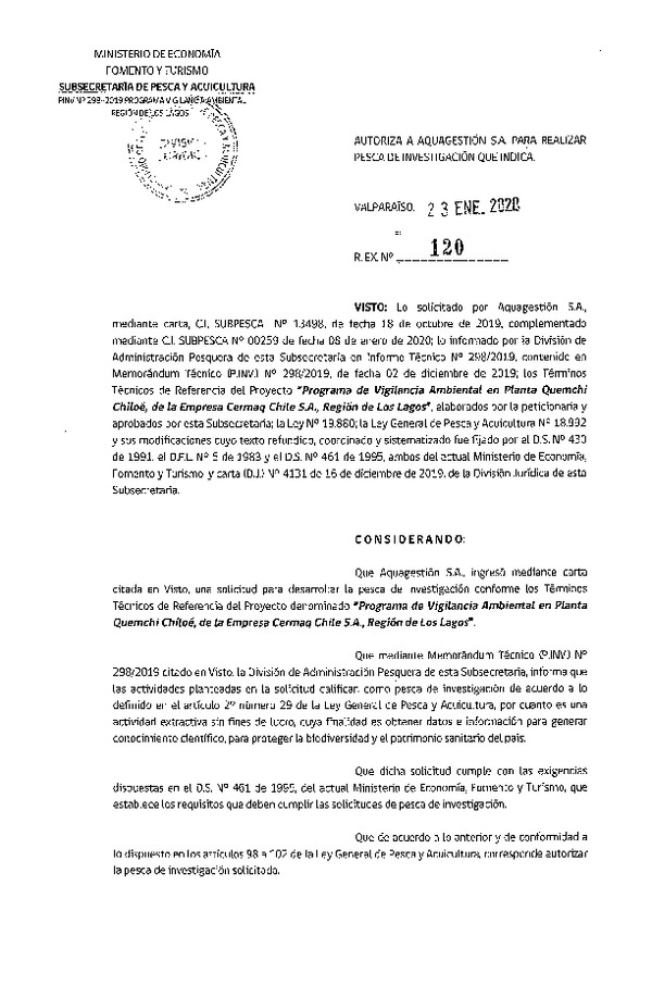 Res. Ex. N° 120-2020 Programa de vigilancia ambiental, Región de Los Lagos.