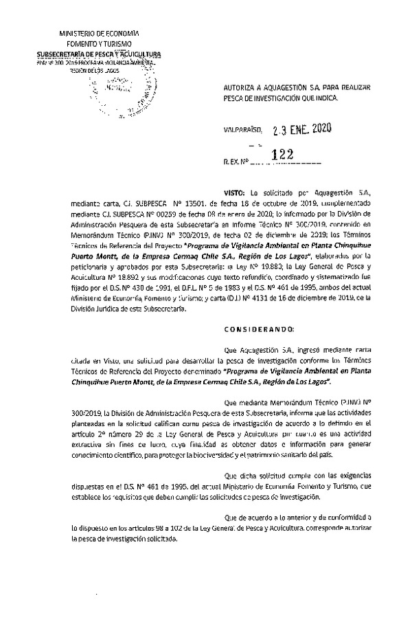 Res. Ex. N° 122-2020 Programa de vigilancia ambiental, Región de Los Lagos.