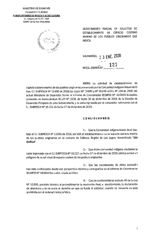 Res. Ex. N° 127-2020 Desistimiento parcial de solicitud ECMPO Isla Quihua.
