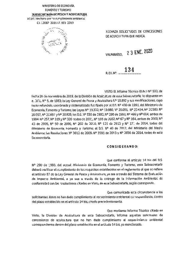 Res. Ex. N° 134-2020 Rechaza solicitudes de concesiones de acuicultura que indica.