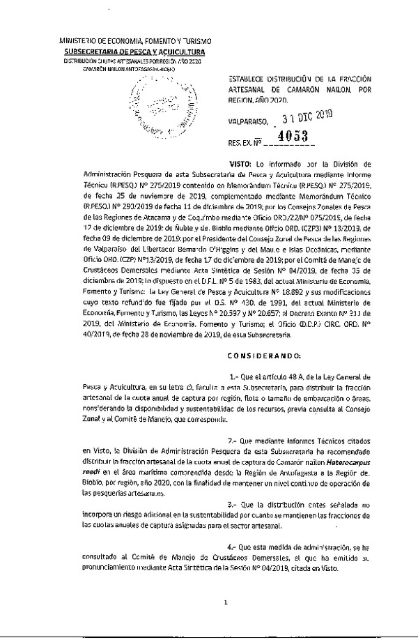 Res. Ex. N° 4053-2019 Establece Distribución de la Fracción Artesanal de Camarón Nailon, Por Región, Año 2020. (Publicado en Página Web 23-01-2020)