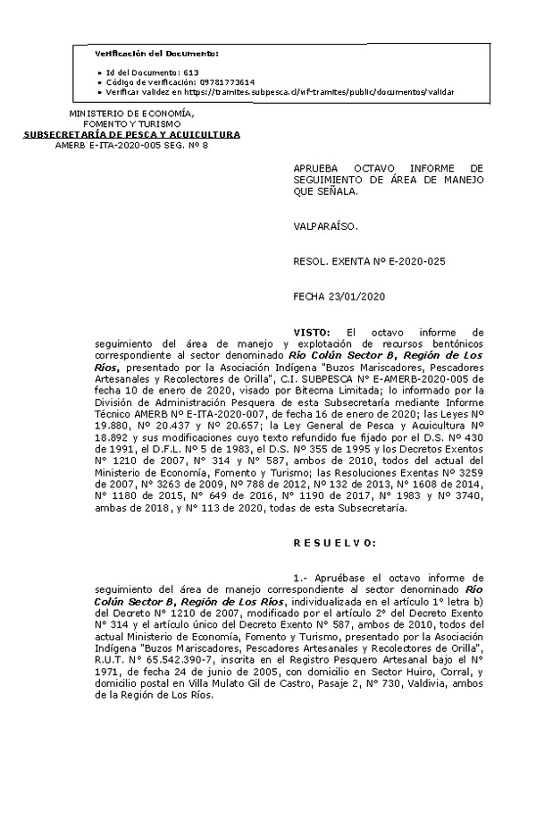 RESOL. EXENTA Nº E-2020-025 8° Seguimiento.