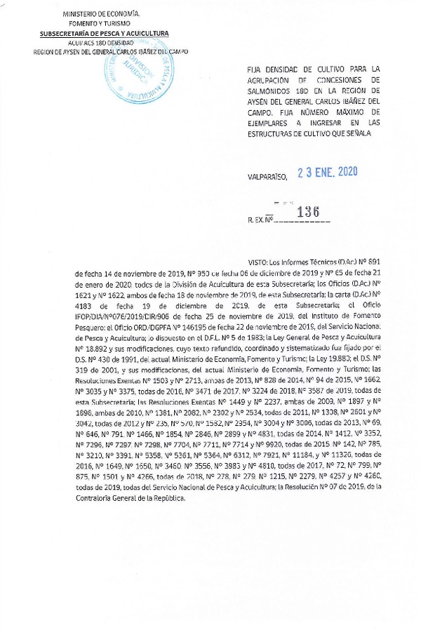 Res. Ex. N° 136-2020 Fija Densidad de Cultivo para la Agrupación de Concesiones de Salmónidos 18D, Región de Aysén del General Carlos Ibañez del Campo. (Con Informe Técnico) (Publicado en Página Web 24-01-2020) (F.D.O. 03-02-2020)