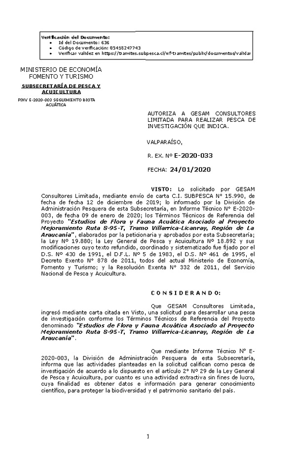 R. EX. Nº E-2020-033 “Estudios de Flora y Fauna Acuática Asociado al Proyecto Mejoramiento Ruta S-95-T, Tramo Villarrica-Licanray, Región de La Araucanía.