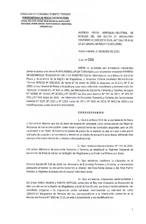 Res. Ex. N° 6-2020 (DZP Región de Magallanes) Autoriza cesión Merluza del sur.